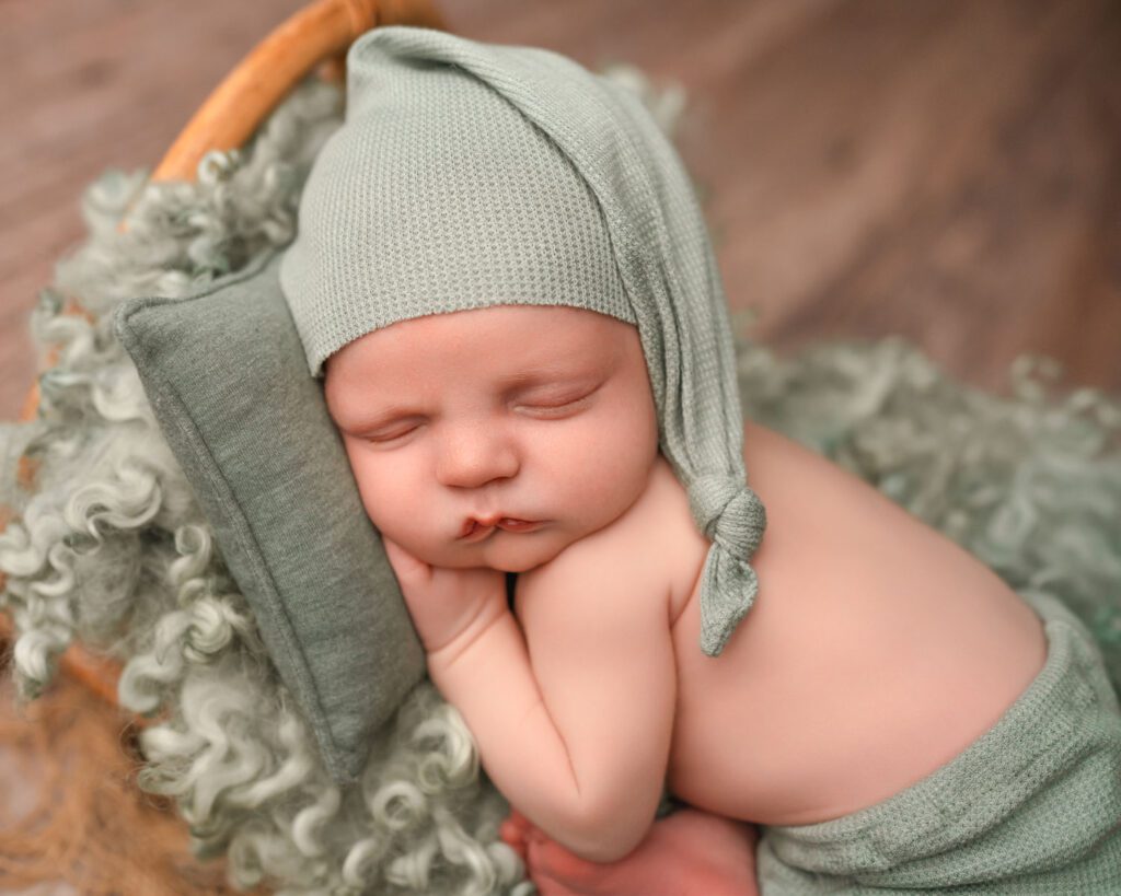 Newborn session with baby boy wearing sage green pants and matching sleepy cap laying on a rainbow bed during Atlanta newborn photoshoot. 
