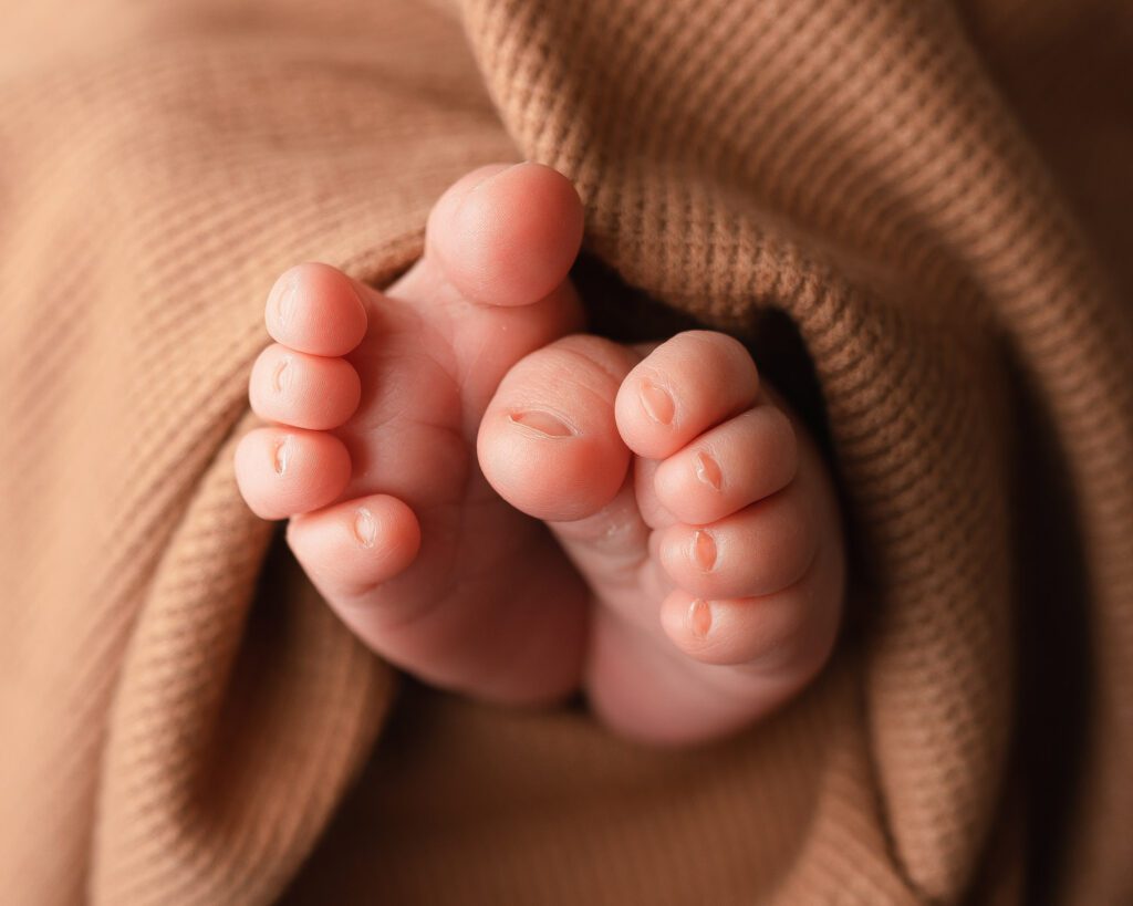 Close-up of newborn baby feet wrapped in a soft brown textured blanket, showing tiny toes and details.